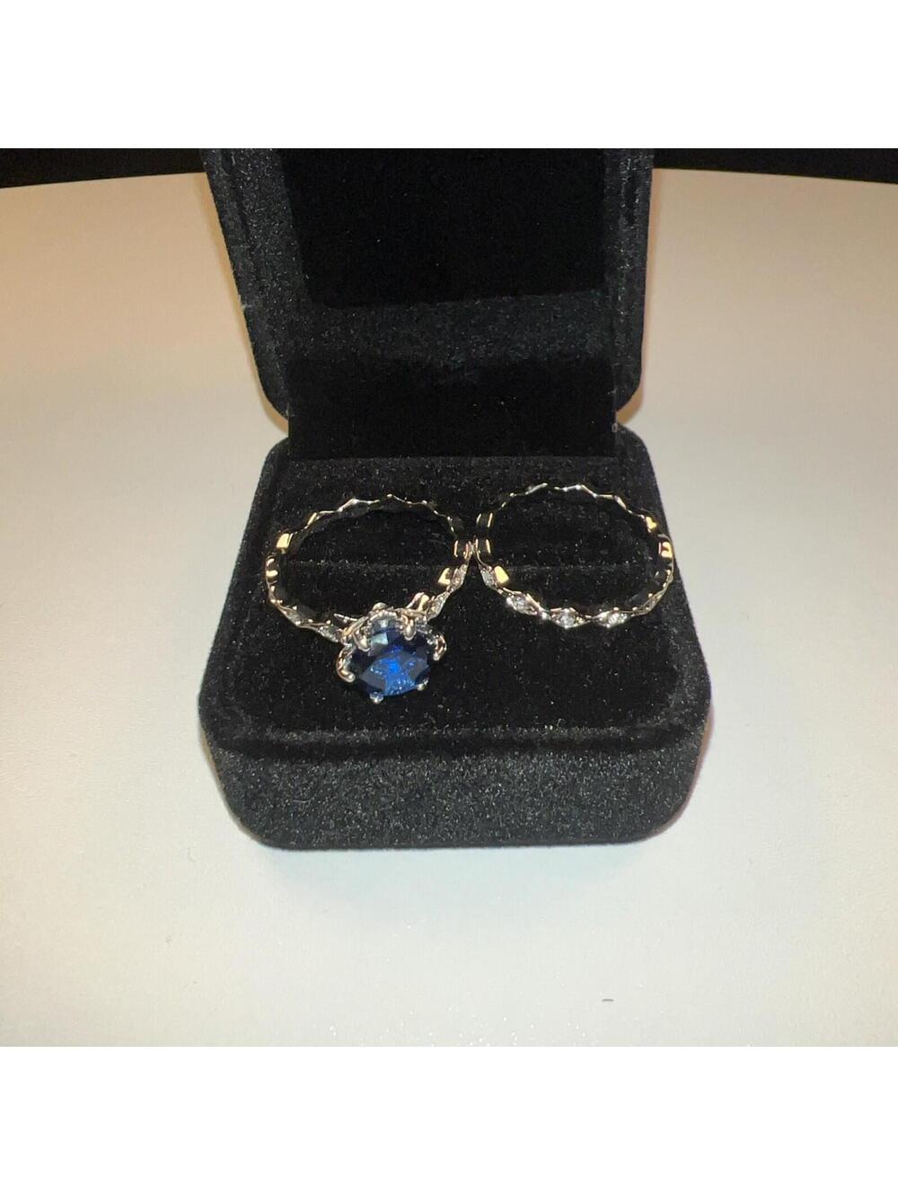 2 Piece Womens 18K White Gold Plated Simulated Blue Sapphire Wedding Ring Set
